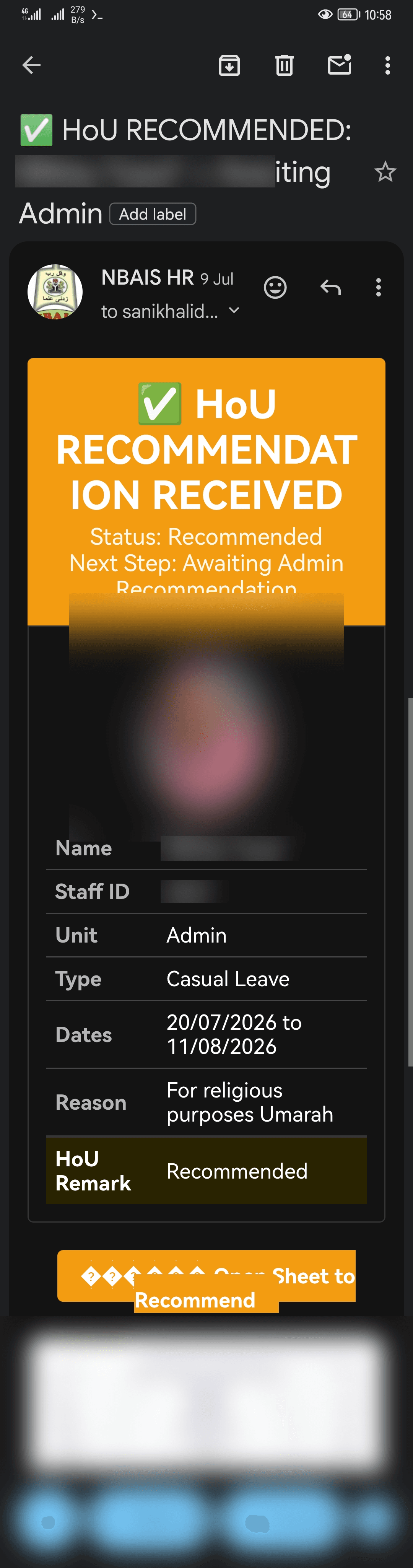 Head of Unit recommendation, routed to Administration