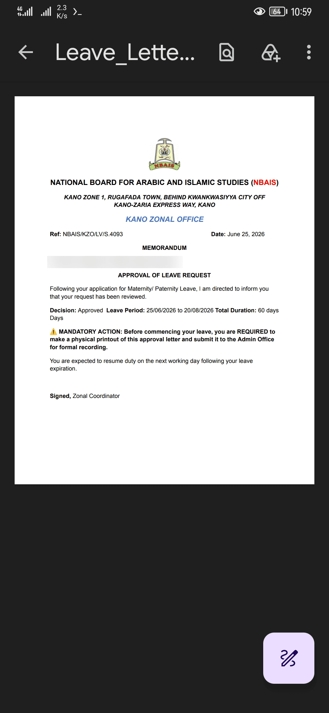 Auto-generated official leave approval letter