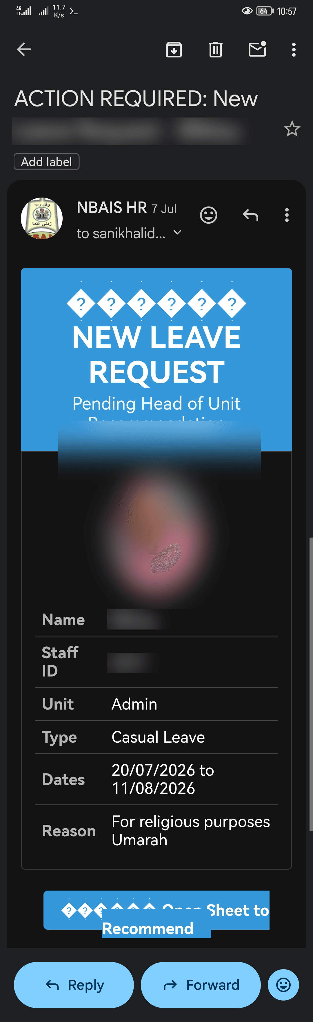 New leave request notification, awaiting Head of Unit review