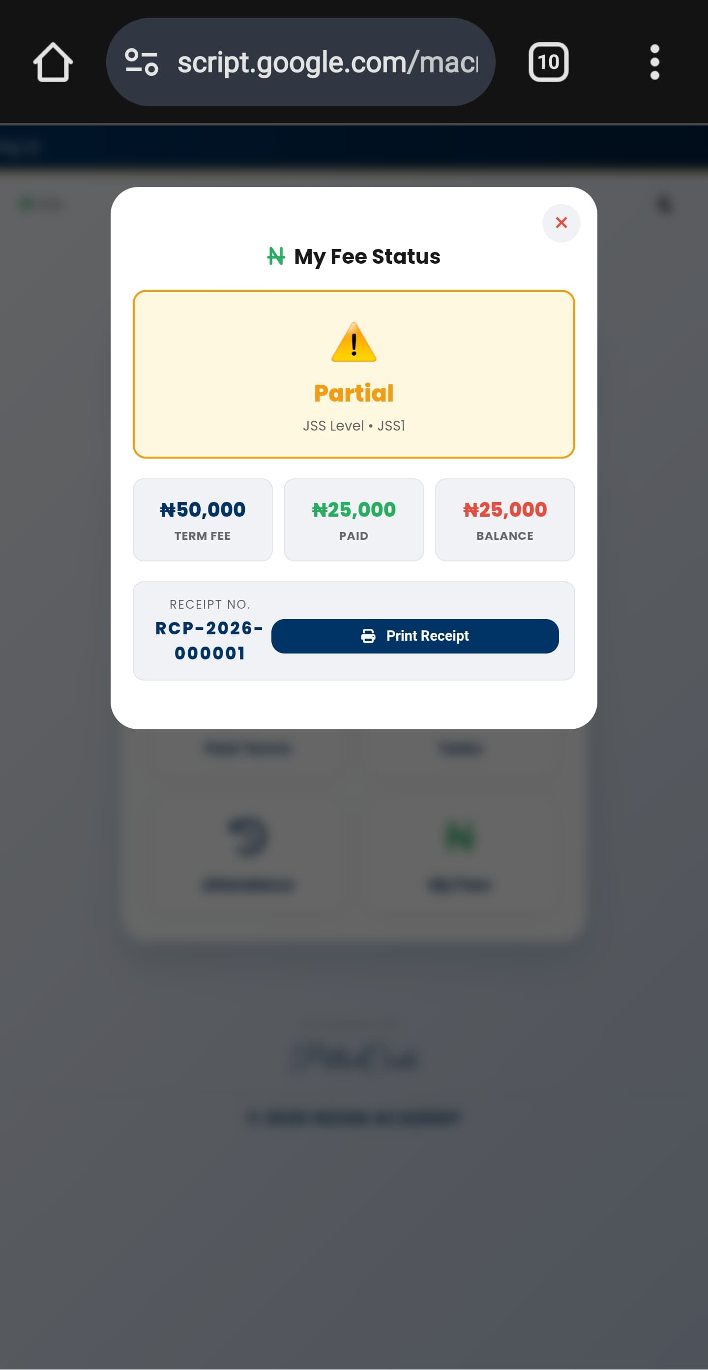 Fee status view for a student