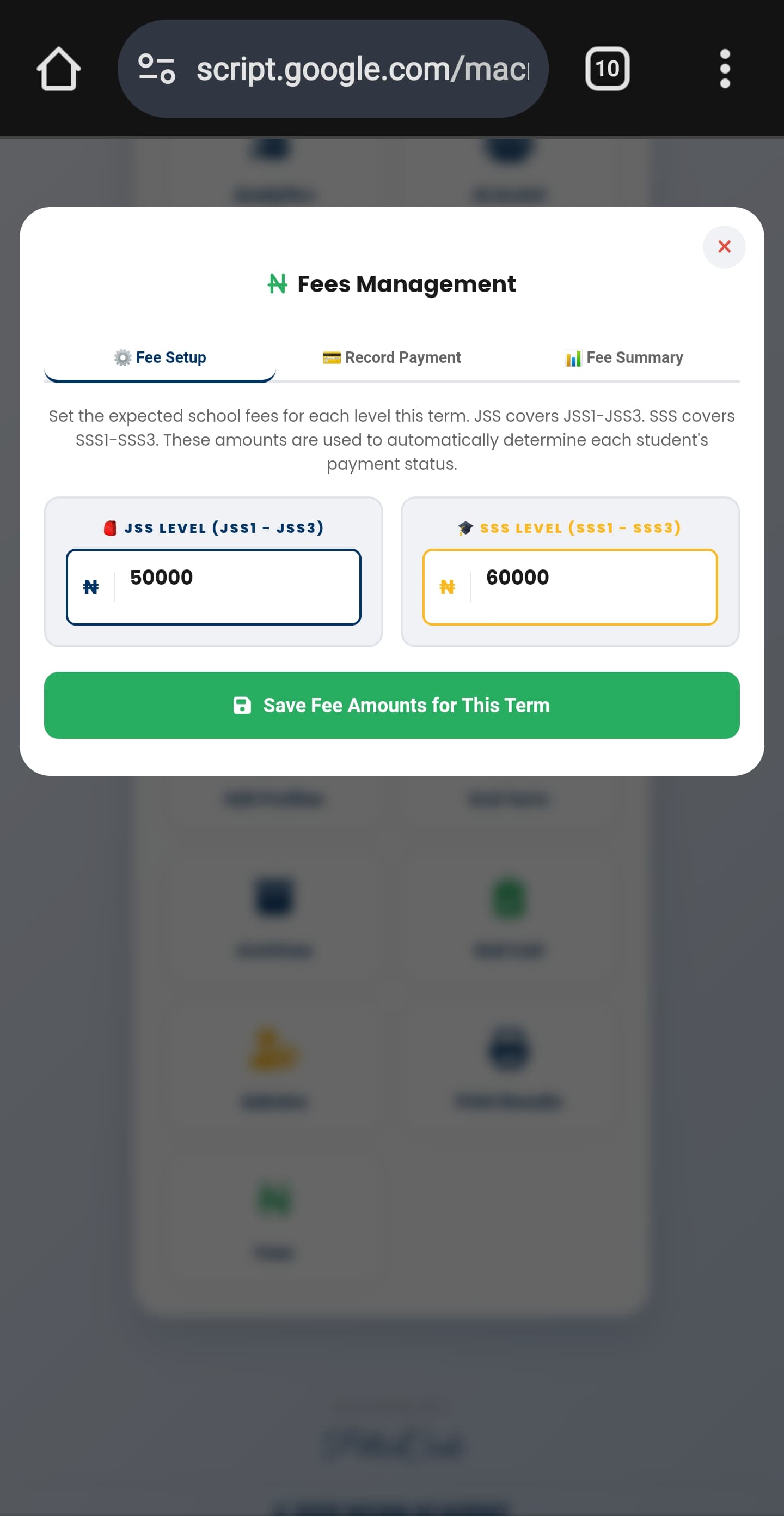 Fee setup and management panel