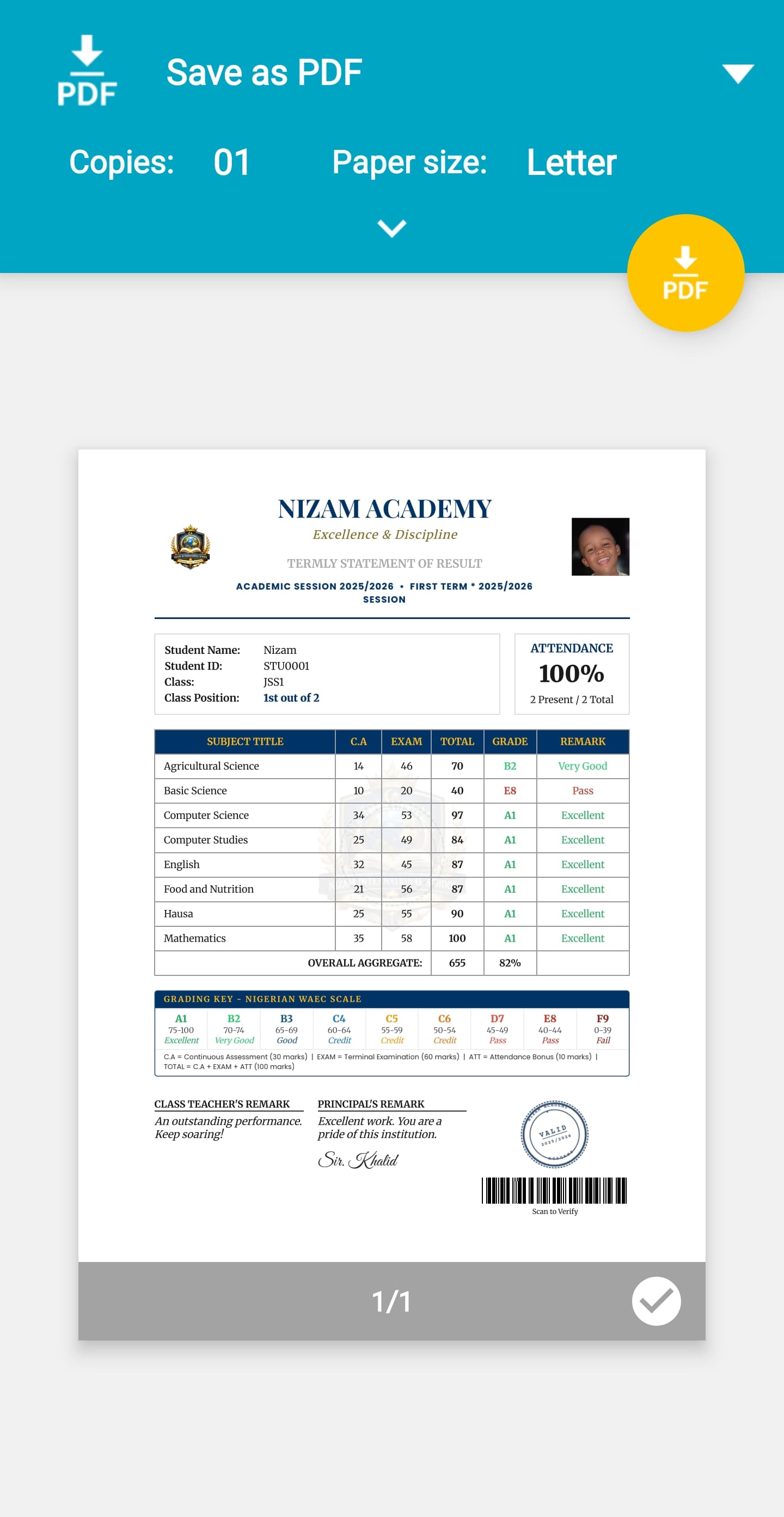 Generated termly result slip